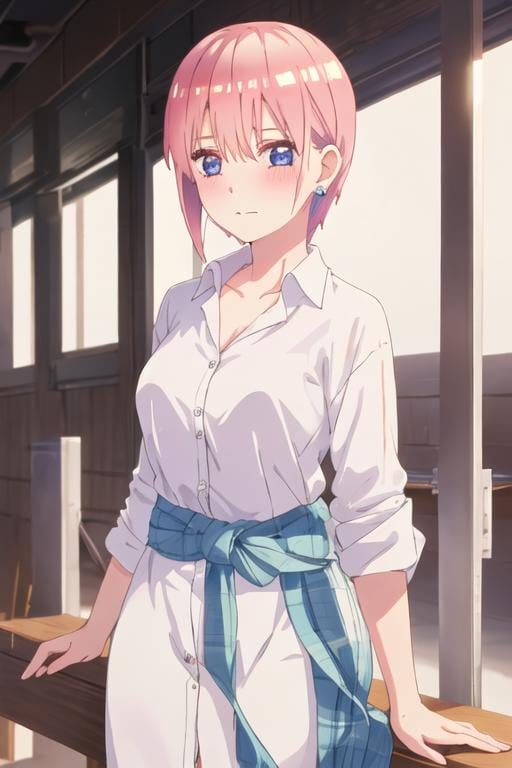 best quality, masterpiece, highres, solo, {nakano_ichika_gotoubunnohanayome:1.15}, pink_hair, short_hair, bangs, blue_eyes, blush, hair_between_eyes, closed_mouth, 1girl, earrings, jewelry, looking_at_viewer, shirt, collarbone, white_shirt, breasts, collared_shirt