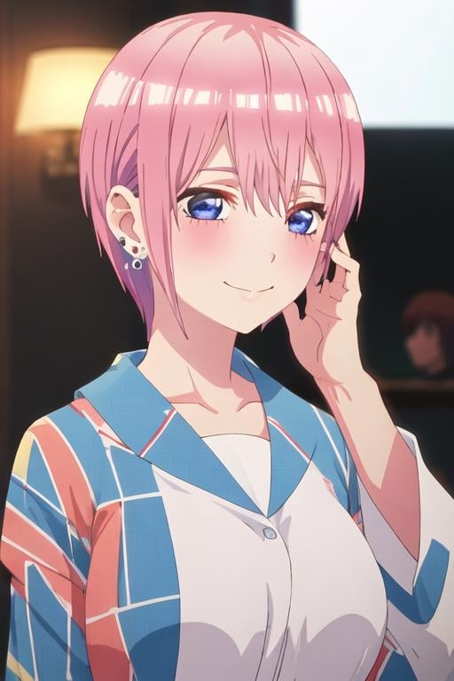 best quality, masterpiece, highres, solo, {nakano_ichika_gotoubunnohanayome:1.15}, pink_hair, short_hair, bangs, blue_eyes, blush, hair_between_eyes, closed_mouth, 1girl, earrings, jewelry, portrait, shiny, shiny_hair, smile, stud_earrings, blurry_background, blurry