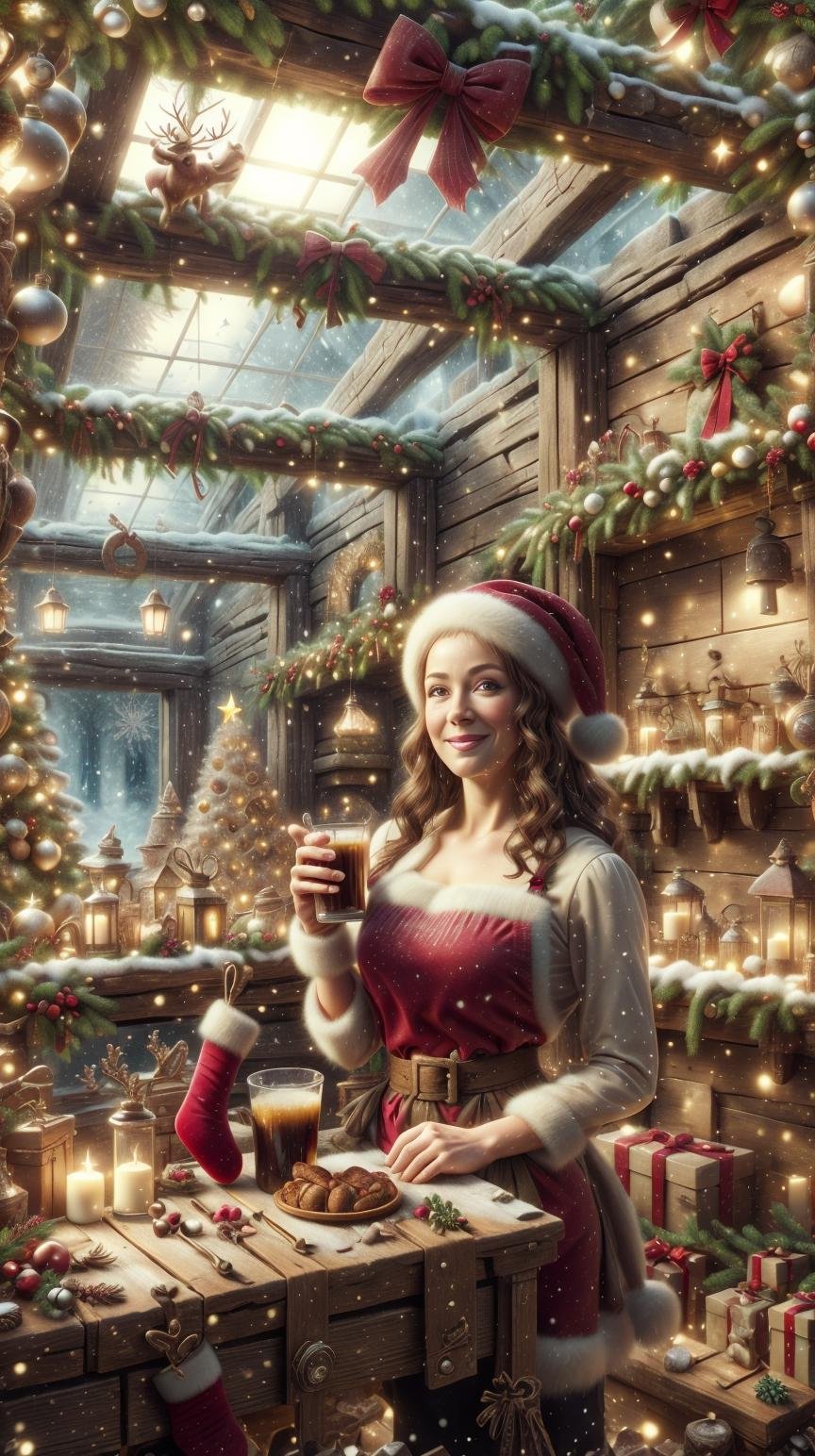 <lora:ChristmasDecorativeStyle:1>ChristmasDecorativeStyle portrait, solo, upper body, looking at viewer, detailed background, detailed face, (<lora:CulturePunkBundle-000007:0.5>, fairytaleai, fairytale theme:1.1)  barkeep, simple Maroon clothes, apron, cozy rustic pub interior in background, worn out wooden beams, mold,  clutter, counter, beverage, sign,  jovial fantasy atmosphere,, (Masterpiece:1.3) (best quality:1.2) (high quality:1.1)