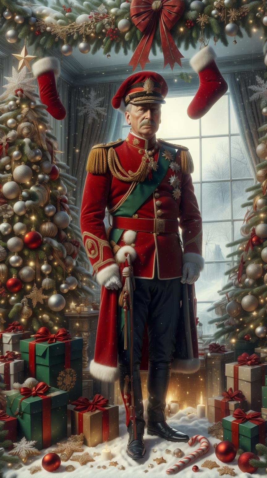 <lora:ChristmasDecorativeStyle:1>ChristmasDecorativeStyle Wilhelm II during his abdication in the wake of German defeat in WW1, (Masterpiece:1.3) (best quality:1.2) (high quality:1.1)