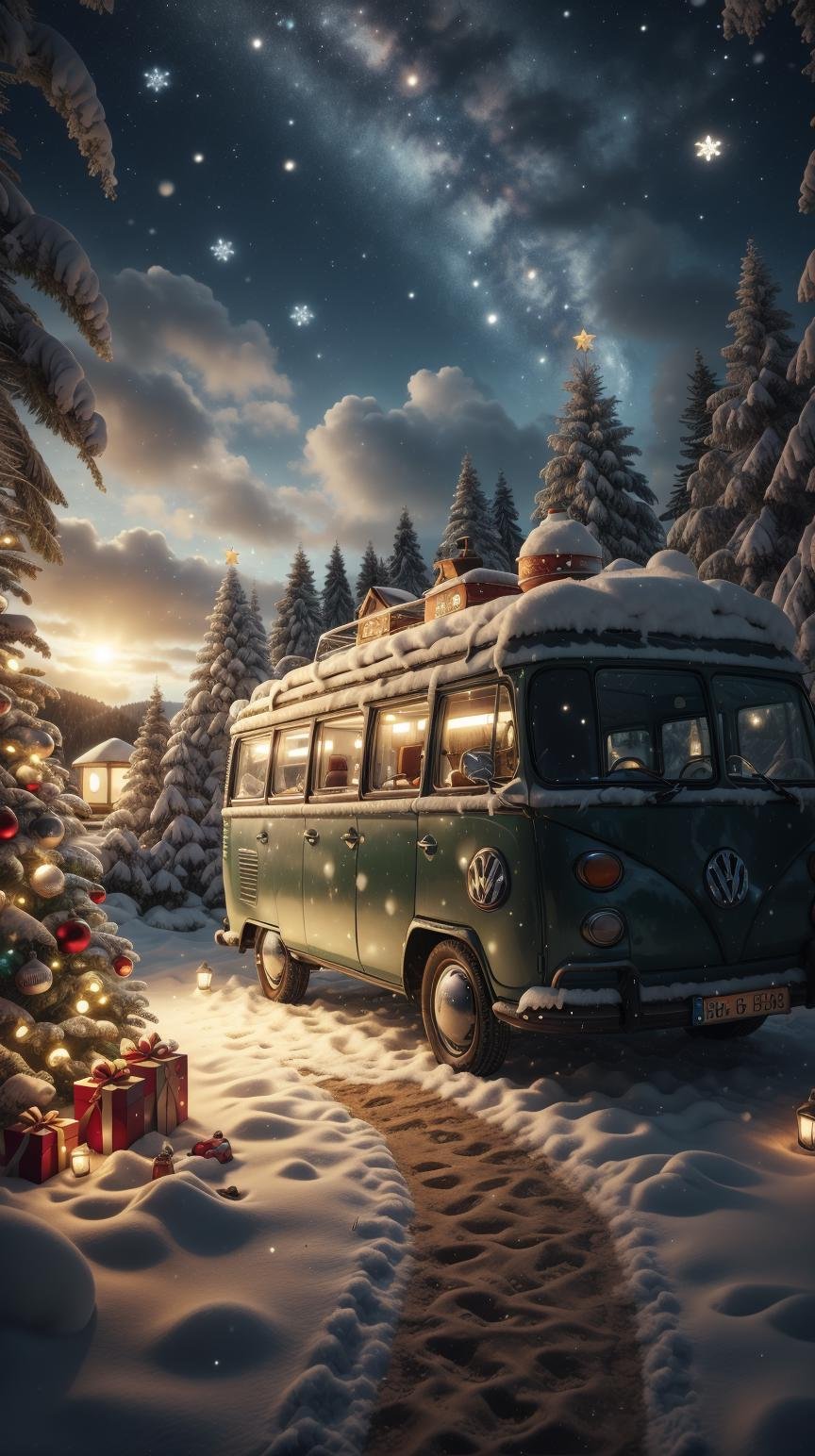 <lora:ChristmasWintery:0.7> ChristmasWintery a retro Volkswagen bus parked at a campsite near a sandy beach, (Masterpiece:1.3) (best quality:1.2) (high quality:1.1)