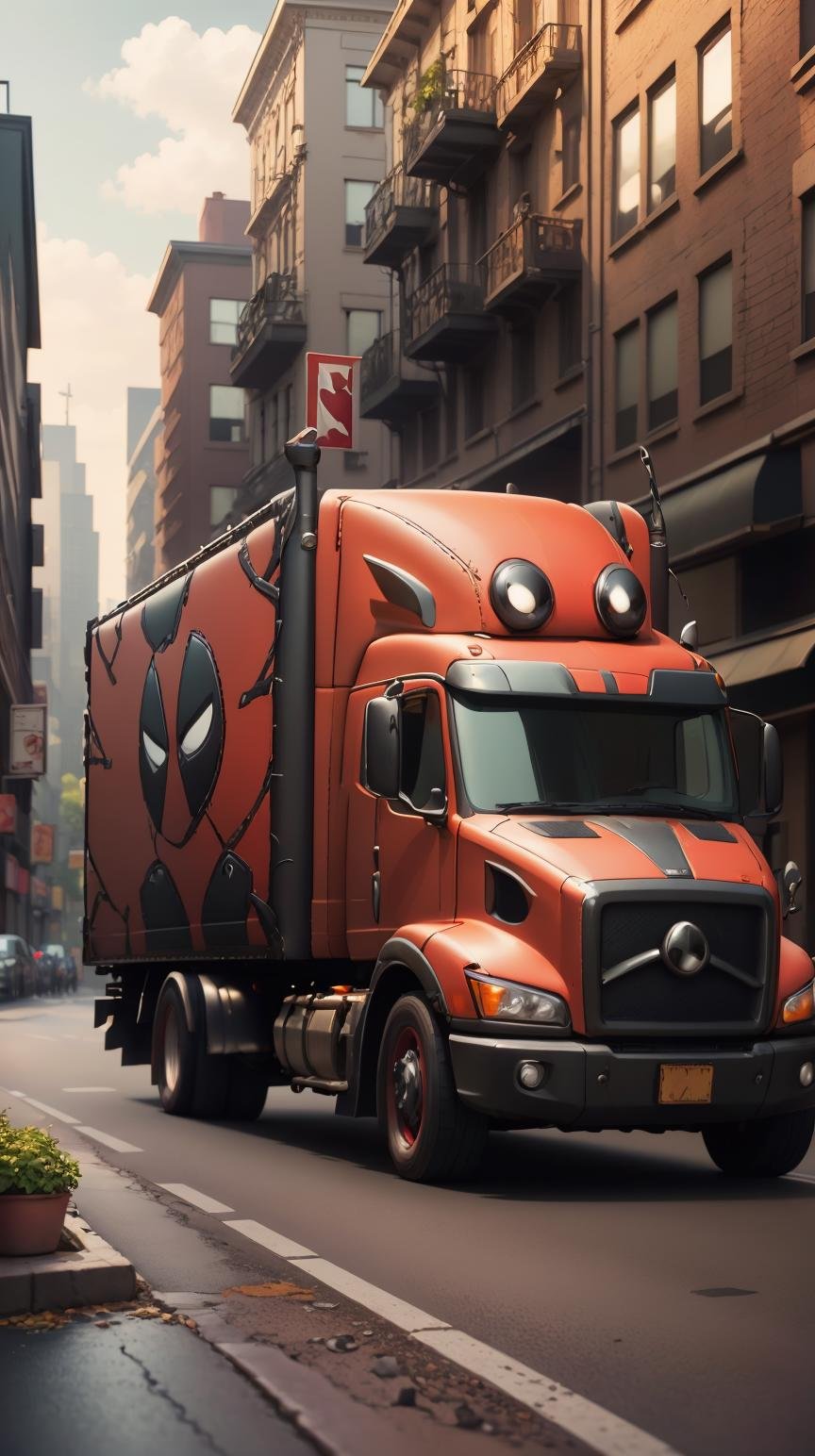 <lora:DeadpoolStyle:1> DeadpoolStyle truck, (leather:0.6), (Masterpiece:1.3) (best quality:1.2) (high quality:1.1)