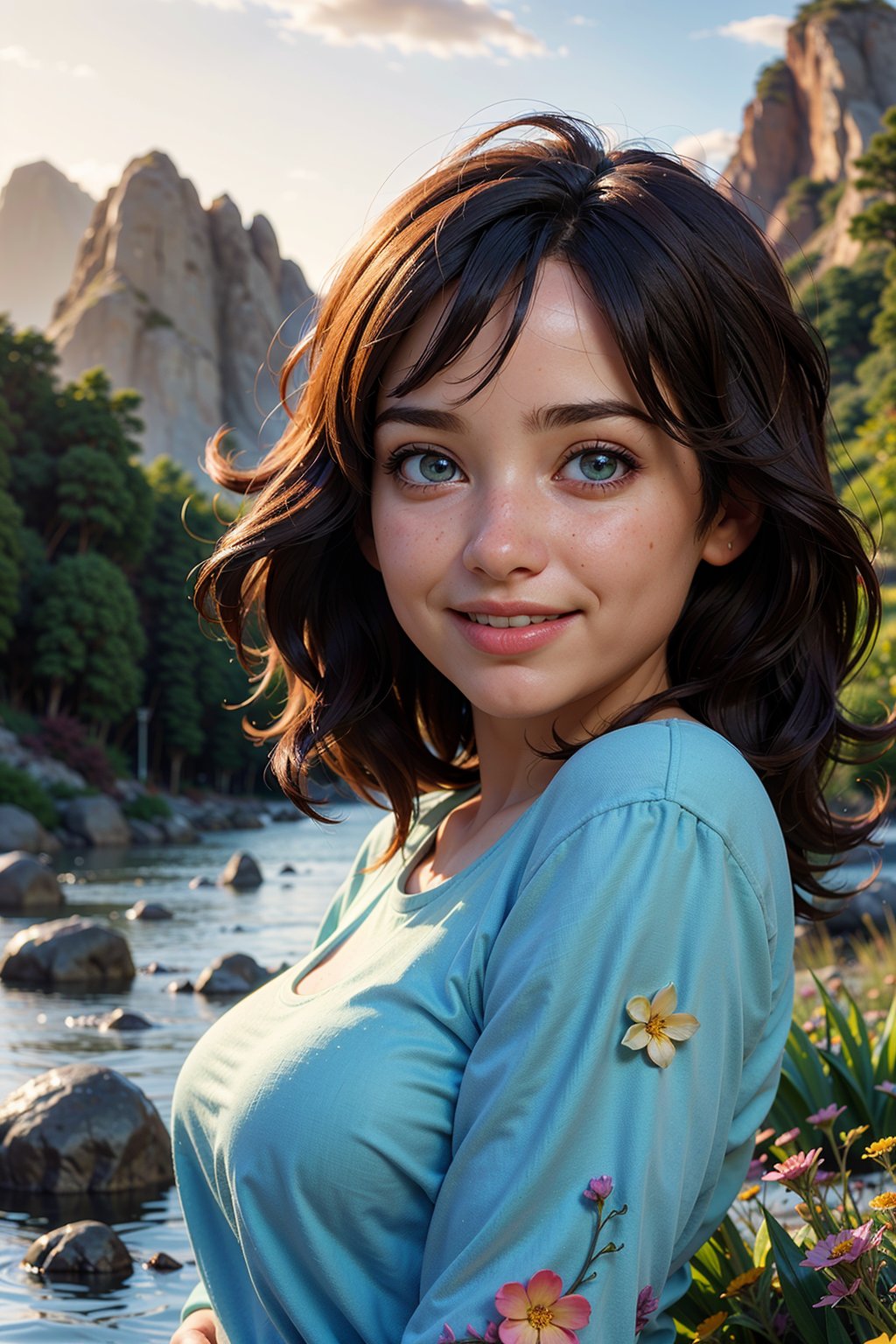 (best quality, 8k, highres, masterpiece:1.2), photorealistic, ultra-detailed, vibrant photography of a woman in nature,  cute smile, dramatic lighting, finely detailed beautiful eyes, fine detailed skin, Natural scenery, majestic landscape, colorful flowers, distant mountains, flowing rivers, melting sunset, serene atmosphere, dazzling sunlight, blissful vibes, freckled face, luscious greenery, soft breeze, ethereal beauty,<lora:EMS-209910-EMS:0.800000>