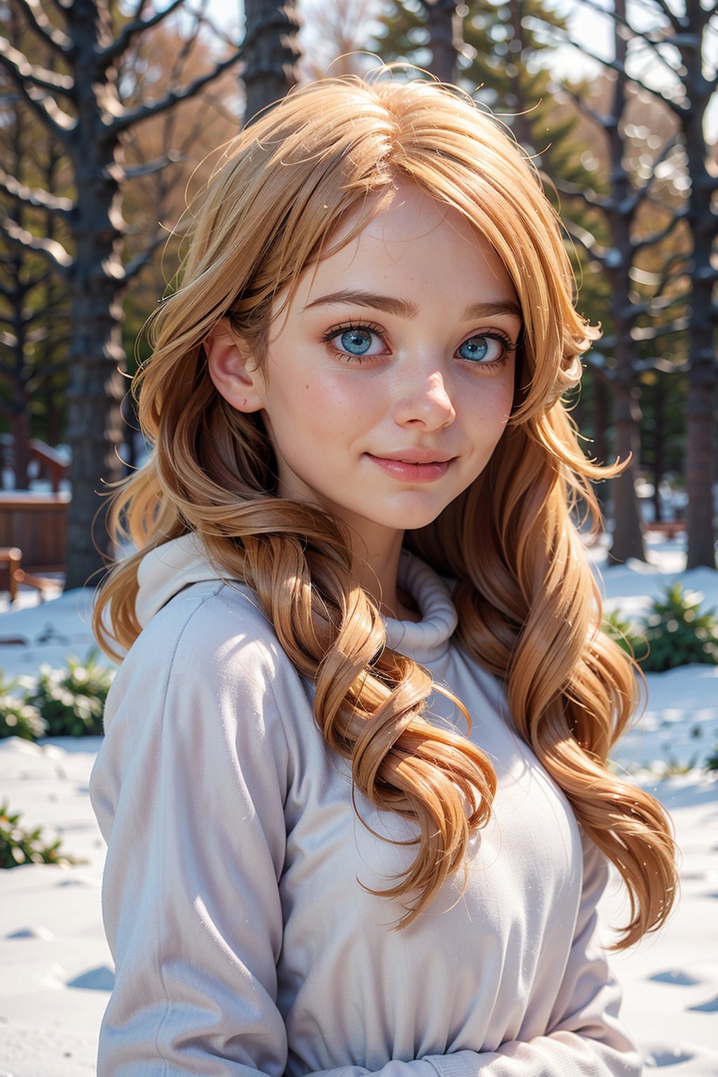 (best quality,  4k,  8k,  highres,  masterpiece:1.2),  ultra-detailed,  (realistic,  photorealistic,  photo-realistic:1.37),  portrait,  beautiful and smiling caucasian woman,  cinematic,  winter clothes,  Ondas e Nuances,  detailed symmetric hazel eyes,  circular iris,  vivid colors,  winter scenery,  soft snowflakes falling,  icy breath,  rosy cheeks,  pure white background,  subtle warm lighting,  innocence and radiance,  sparkling eyes,  joyful expression,  luxurious fur trim on the clothing,  frosty winter air,  subtle wind blowing through her hair,  subtle hint of pink in her lips,  elegant posture,  confident stance,  delicate snowflakes decorating her hair,  long flowing blonde hair,  wonder and serenity in her gaze,  captivating beauty,  snow-covered trees in the background,  peaceful and enchanting winter scene.,<lora:EMS-209910-EMS:0.800000>