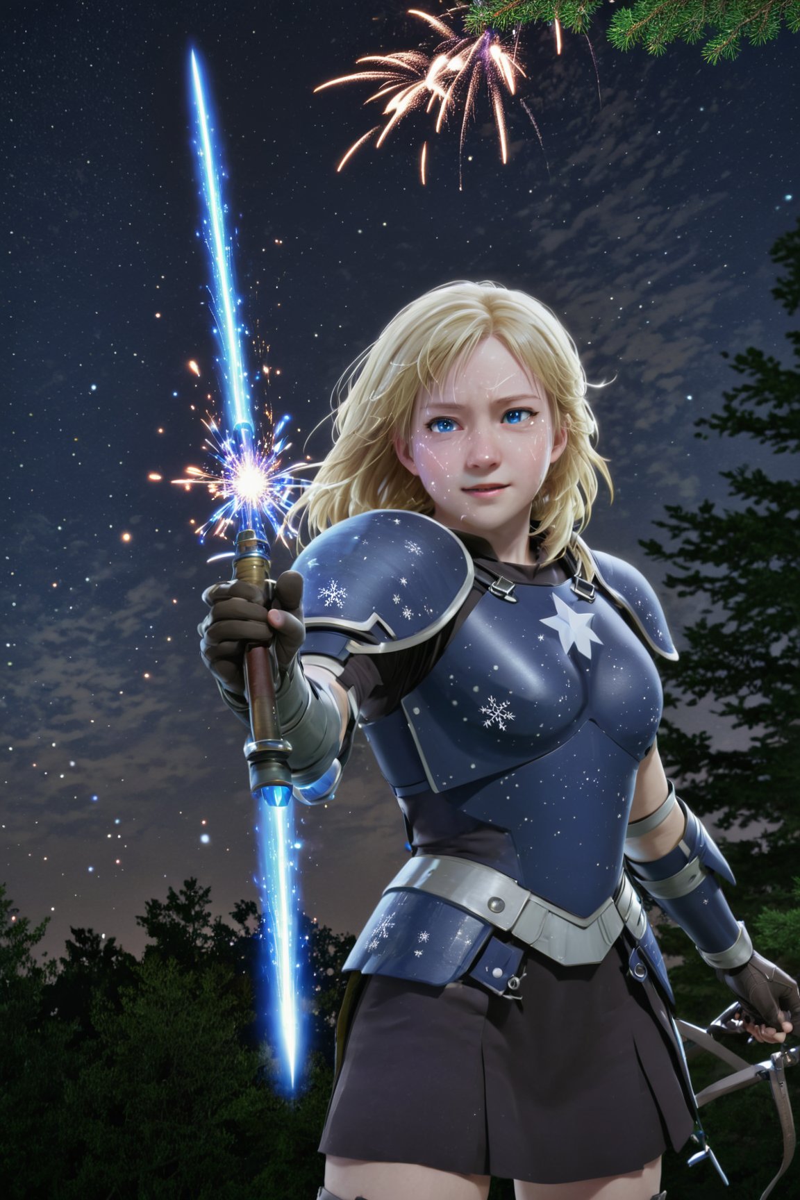 1girl, aerial fireworks, armor, aurora, blonde hair, blue eyes, breastplate, city lights, constellation, crescent moon, earth \(planet\), fireflies, fireworks, full moon, galaxy, holding weapon, knife, light particles, long hair, milky way, moon, moonlight, night, night sky, pine tree, planet, shooting star, sky, snow, snowflakes, snowing, solo, space, space craft, standing, star \(sky\), star \(symbol\), starry background, starry sky, starry sky print, tanabata, tanzaku, telescope, tree, weapon, winter
