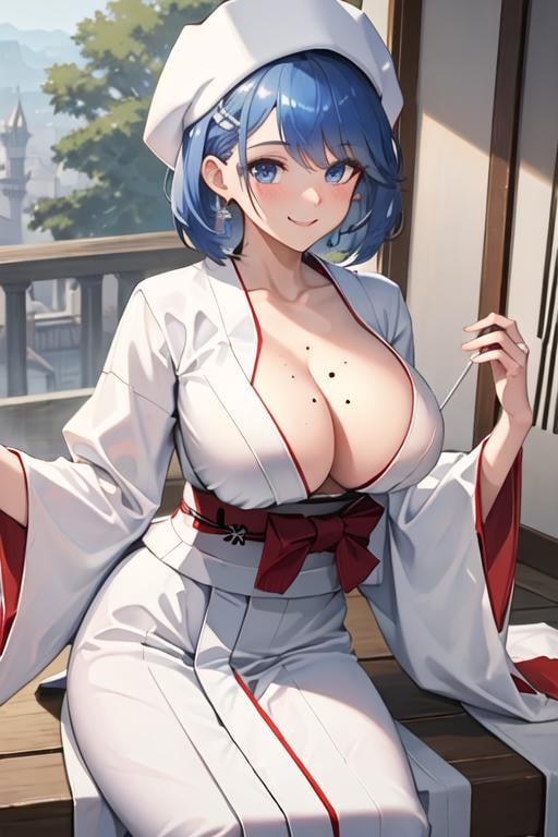 best quality, masterpiece, highres, solo, {white kimono:1.35}, {red hakama:1.35}, {wide sleeves:1.20}, {chapayev_azurlane:1.15}, blue_hair, short_hair, blue_eyes, breasts, large_breasts, blush, mole, mole_on_breast, bangs, smile, cleavage, hair_ornament