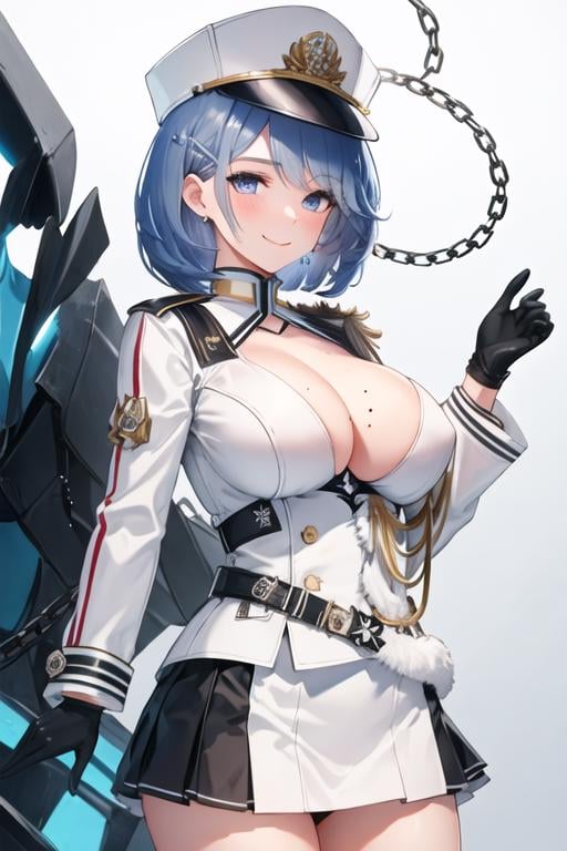 best quality, masterpiece, highres, solo, {chapayev_azurlane:1.15}, blue_hair, short_hair, blue_eyes, breasts, large_breasts, blush, mole, mole_on_breast, bangs, smile, cleavage, hair_ornament, 1girl, black_gloves, gloves, hat, jacket, looking_at_viewer, military_hat, peaked_cap, white_headwear, white_jacket, hairclip, chain, long_sleeves, closed_mouth