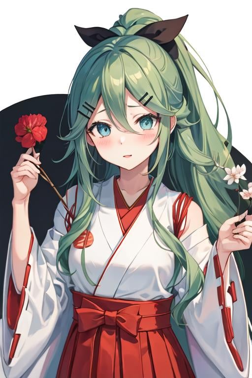 best quality, masterpiece, highres, solo, {white kimono:1.35}, {red hakama:1.35}, {wide sleeves:1.20}, {yamakaze_kantaicollection:1.15}, green_hair, hair_between_eyes, long_hair, hair_ornament, hairclip, ribbon, hair_ribbon, ponytail, black_ribbon, blush, serafuku, green_eyes, blue_eyes