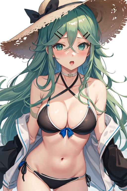 best quality, masterpiece, highres, solo, {yamakaze_kantaicollection:1.15}, green_hair, hair_between_eyes, long_hair, hair_ornament, hairclip, ribbon, hair_ribbon, ponytail, black_ribbon, blush, serafuku, green_eyes, blue_eyes, 1girl, swimsuit, bangs, bikini, breasts, hat, looking_at_viewer, medium_breasts, sidelocks, straw_hat, adapted_costume, black_bikini, blue_ribbon, choker, sun_hat, cleavage, open_mouth, parted_bangs, simple_background, white_background, hair_flaps, jacket