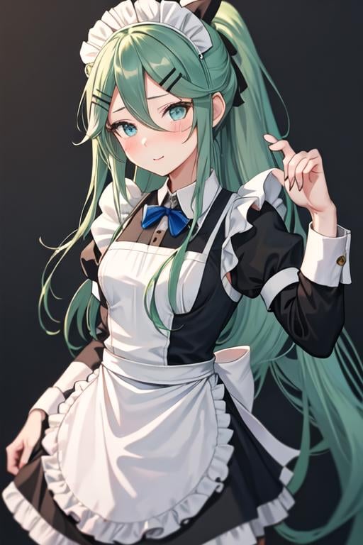 best quality, masterpiece, highres, solo, {maid:1.40}, {long maid dress:1.15}, {yamakaze_kantaicollection:1.15}, green_hair, hair_between_eyes, long_hair, hair_ornament, hairclip, ribbon, hair_ribbon, ponytail, black_ribbon, blush, serafuku, green_eyes, blue_eyes