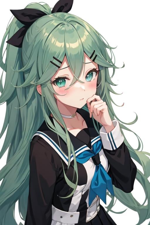 best quality, masterpiece, highres, solo, {yamakaze_kantaicollection:1.15}, green_hair, hair_between_eyes, long_hair, hair_ornament, hairclip, ribbon, hair_ribbon, ponytail, black_ribbon, blush, serafuku, green_eyes, blue_eyes, 1girl, alternate_costume, looking_at_viewer, shirt, white_shirt, simple_background, white_background, bangs, upper_body, long_sleeves, sidelocks, parted_bangs