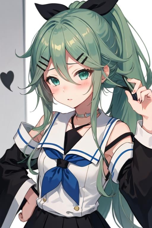 best quality, masterpiece, highres, solo, {yamakaze_kantaicollection:1.15}, green_hair, hair_between_eyes, long_hair, hair_ornament, hairclip, ribbon, hair_ribbon, ponytail, black_ribbon, blush, serafuku, green_eyes, blue_eyes