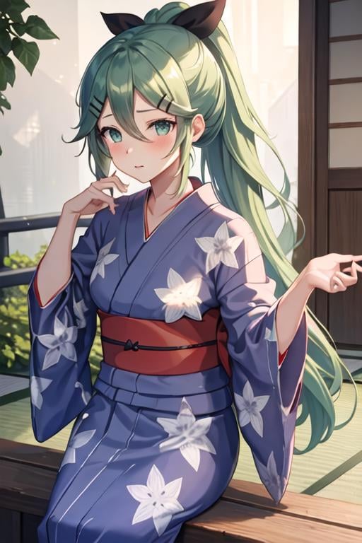 best quality, masterpiece, highres, solo, {yukata:1.40}, {kimono:1.20}, {yamakaze_kantaicollection:1.15}, green_hair, hair_between_eyes, long_hair, hair_ornament, hairclip, ribbon, hair_ribbon, ponytail, black_ribbon, blush, serafuku, green_eyes, blue_eyes