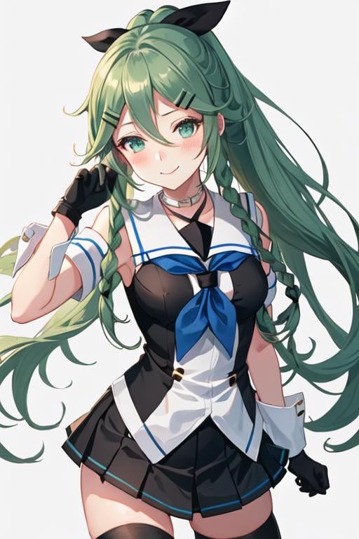 best quality, masterpiece, highres, solo, {yamakaze_kantaicollection:1.15}, green_hair, hair_between_eyes, long_hair, hair_ornament, hairclip, ribbon, hair_ribbon, ponytail, black_ribbon, blush, serafuku, green_eyes, blue_eyes, 1girl, black_serafuku, hair_flaps, school_uniform, sidelocks, bangs, braid, neckerchief, parted_bangs, twin_braids, green_neckerchief, gloves, black_gloves, elbow_gloves, smile, black_skirt, closed_mouth, pleated_skirt, simple_background, skirt, looking_at_viewer, black_thighhighs, thighhighs