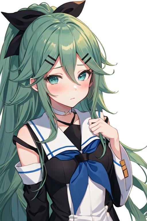 best quality, masterpiece, highres, solo, {yamakaze_kantaicollection:1.15}, green_hair, hair_between_eyes, long_hair, hair_ornament, hairclip, ribbon, hair_ribbon, ponytail, black_ribbon, blush, serafuku, green_eyes, blue_eyes, 1girl, school_uniform, simple_background, upper_body, white_background, detached_sleeves, looking_at_viewer, neckerchief, blue_neckerchief, black_serafuku, choker, bangs, sidelocks