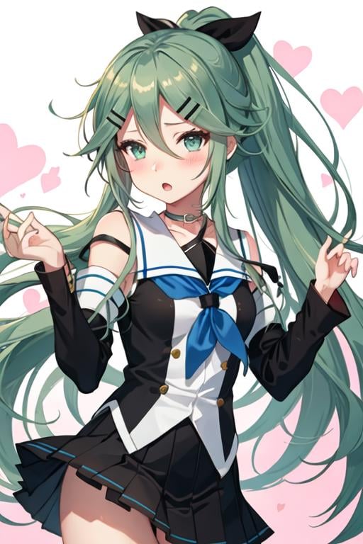 best quality, masterpiece, highres, solo, {yamakaze_kantaicollection:1.15}, green_hair, hair_between_eyes, long_hair, hair_ornament, hairclip, ribbon, hair_ribbon, ponytail, black_ribbon, blush, serafuku, green_eyes, blue_eyes, 1girl, bare_shoulders, looking_at_viewer, school_uniform, open_mouth, choker, detached_sleeves