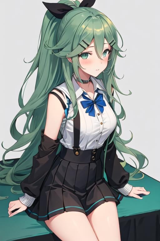 best quality, masterpiece, highres, solo, {yamakaze_kantaicollection:1.15}, green_hair, hair_between_eyes, long_hair, hair_ornament, hairclip, ribbon, hair_ribbon, ponytail, black_ribbon, blush, serafuku, green_eyes, blue_eyes, 1girl, alternate_costume, blue_sweater, official_alternate_costume, sidelocks, sweater, bangs, parted_bangs, blue_shirt, breasts, long_sleeves, shirt, skirt, suspenders, hair_flaps, suspender_skirt