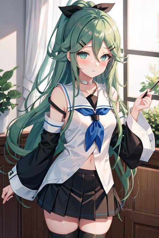 best quality, masterpiece, highres, solo, {yamakaze_kantaicollection:1.15}, green_hair, hair_between_eyes, long_hair, hair_ornament, hairclip, ribbon, hair_ribbon, ponytail, black_ribbon, blush, serafuku, green_eyes, blue_eyes, 1girl, black_skirt, blue_neckerchief, detached_sleeves, looking_at_viewer, neckerchief, pleated_skirt, school_uniform, skirt, thighhighs, black_serafuku, black_thighhighs, zettai_ryouiki