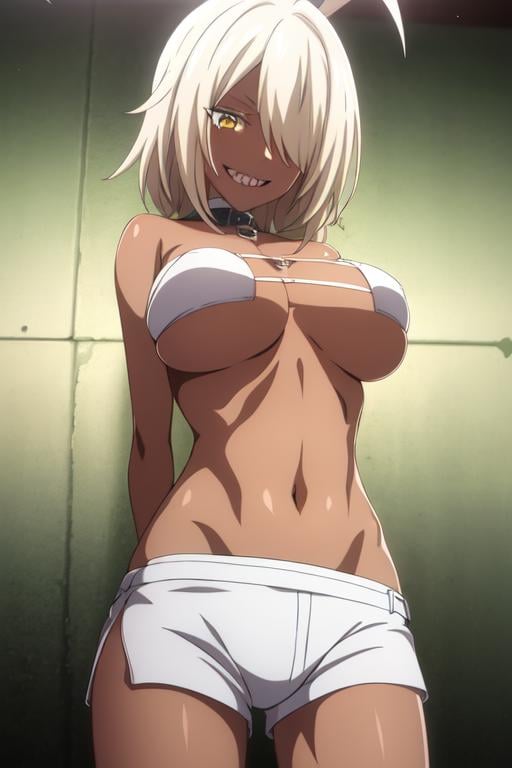 ((extreme detail)),(ultra-detailed), extremely detailed CG unity 8k wallpaper, <lora:PrisonerVeronica:0.7>prisoner veronica, white belt collar, white belt bra, white shorts, anime screencap, yellow eyes, grin, sharp teeth, teeth only, looking at viewer, gradient background, arms behind back, cowboy shot