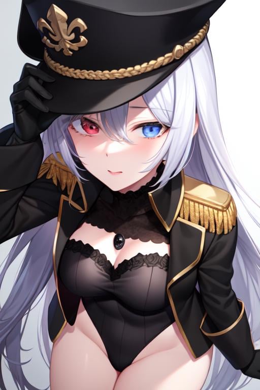 ((extreme detail)),(ultra-detailed), extremely detailed CG unity 8k wallpaper, <lora:BlackLobelia:0.7>black lobelia, heterochromia, military hat, military jacket, leotard dress, black gloves, black gem, hand on thigh, looking at viewer, from above, white background,