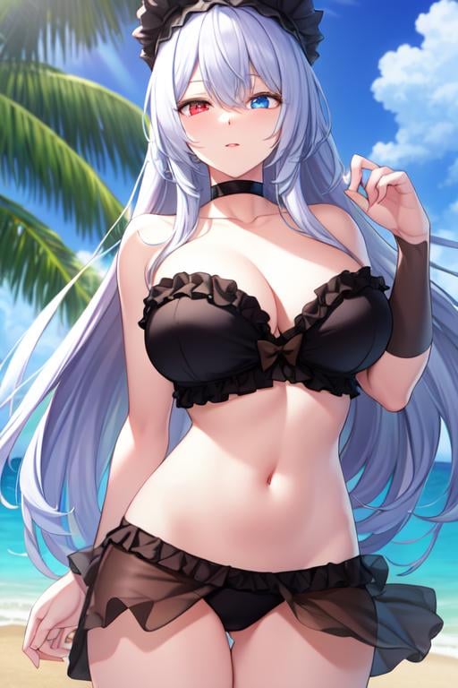 ((extreme detail)),(ultra-detailed), extremely detailed CG unity 8k wallpaper, <lora:BlackLobelia:0.7>black lobelia, heterochromia, sone piece swimsuit, crown, sky, beach,