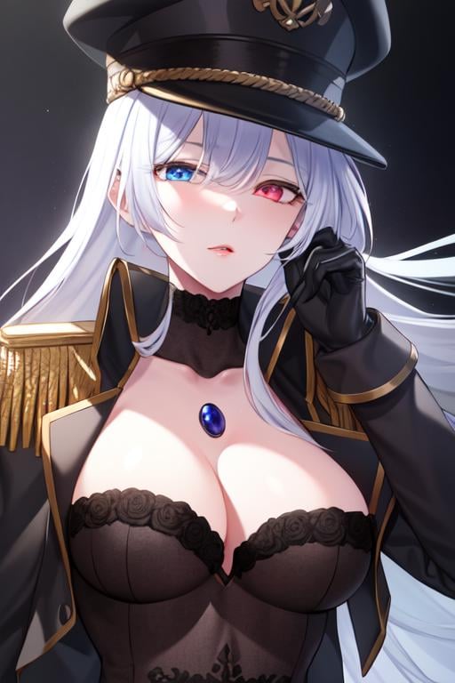 ((extreme detail)),(ultra-detailed), extremely detailed CG unity 8k wallpaper, <lora:BlackLobelia:0.7>black lobelia, heterochromia, military hat, military jacket, leotard dress, black gloves, black gem, parted lips, looking at viewer, upper body, dark background