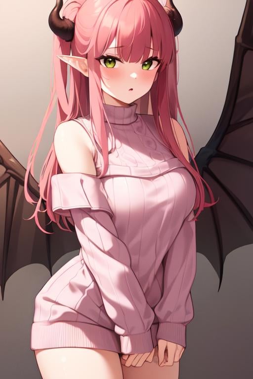 ((extreme detail)),(ultra-detailed), extremely detailed CG unity 8k wallpaper, <lora:LizKyun:0.7>Liz Kyun, off shoulder, (pink sweater:1.2), blush, cowboy shot, wings,