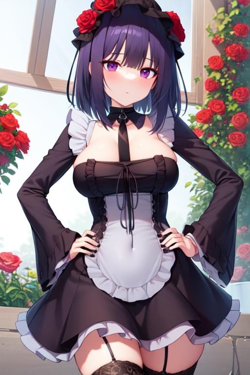 ((extreme detail)),(ultra-detailed), extremely detailed CG unity 8k wallpaper, <lora:KuroeShizuku:0.7>kuroe_shizuku, rose bonnet, black collar, gothic dress, thighhighs, looking at viewer, blush, greenhouse, roses, hands on hips, cowboy shot,