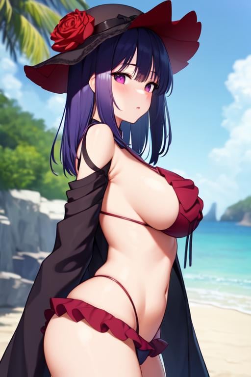 ((extreme detail)),(ultra-detailed), extremely detailed CG unity 8k wallpaper, <lora:KuroeShizuku:0.7>kuroe_shizuku, rose hat, frilled bikini, blush, from side, looking at viewer, cowboy shot, beach, arms behind back, 