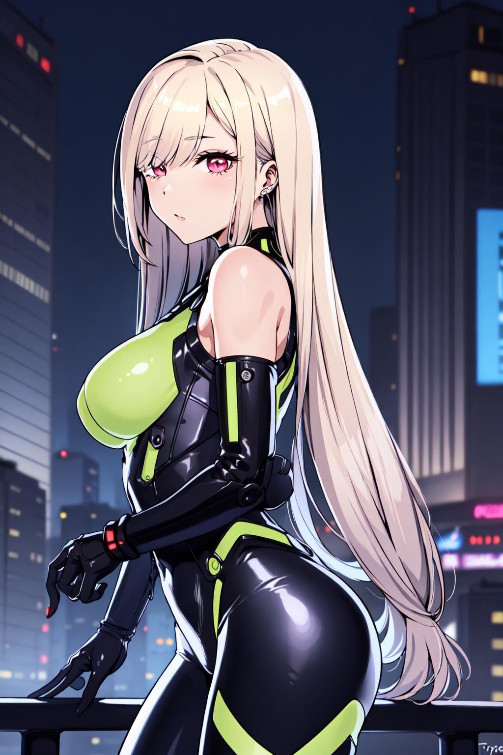 best quality, masterpiece, <lora:MarinKitagawaV2:0.7>marin kitagawa, cyberpunk, sky, city, rooftop, (green bodysuit:1.2), bare shoulders, looking at viewer, neon lights, vibrant colors, cowboy shot, lights, (platinum white hair:1.1), hair over one eye, long hair, posing, <lora:optionaltypo:0.4>optionaltypo, detached gloves,