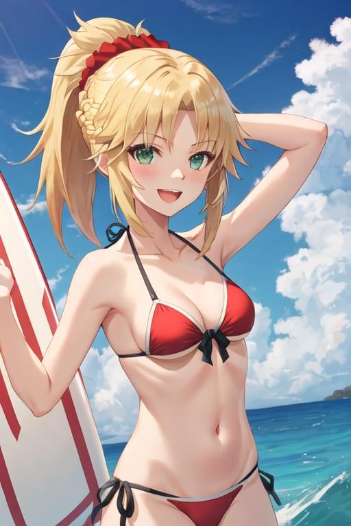 best quality, masterpiece, highres, solo, {mordred_fgo:1.15}, blonde_hair, long_hair, ponytail, green_eyes, braid, scrunchie, hair_ornament, red_scrunchie, bangs, hair_scrunchie, breasts, smile, small_breasts, 1girl, bikini, blue_sky, day, sky, swimsuit, open_mouth, red_bikini, bare_shoulders, cloud, looking_at_viewer, outdoors, collarbone, surfboard, blush, medium_breasts, :d, sidelocks