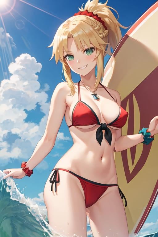 best quality, masterpiece, highres, solo, {mordred_fgo:1.15}, blonde_hair, long_hair, ponytail, green_eyes, braid, scrunchie, hair_ornament, red_scrunchie, bangs, hair_scrunchie, breasts, smile, small_breasts, 1girl, bikini, blue_sky, blush, cloud, day, looking_at_viewer, red_bikini, sky, swimsuit, bracelet, front-tie_top, jewelry, navel, covered_nipples, from_below, outdoors, surfboard