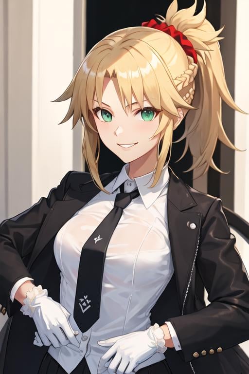 best quality, masterpiece, highres, solo, {mordred_fgo:1.15}, blonde_hair, long_hair, ponytail, green_eyes, braid, scrunchie, hair_ornament, red_scrunchie, bangs, hair_scrunchie, breasts, smile, small_breasts, 1girl, jacket, looking_at_viewer, shirt, formal, necktie, suit, white_shirt, black_necktie, collared_shirt, gloves, upper_body, white_gloves, french_braid, black_jacket, long_sleeves, parted_bangs