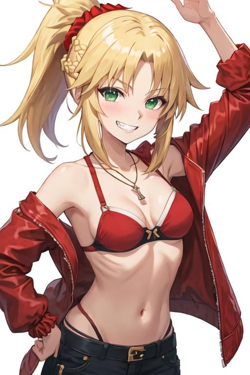 best quality, masterpiece, highres, solo, {mordred_fgo:1.15}, blonde_hair, long_hair, ponytail, green_eyes, braid, scrunchie, hair_ornament, red_scrunchie, bangs, hair_scrunchie, breasts, smile, small_breasts, 1girl, bare_shoulders, collarbone, grin, jewelry, looking_at_viewer, necklace, teeth, jacket, parted_bangs, red_jacket, sidelocks, white_background, blush, simple_background, upper_body