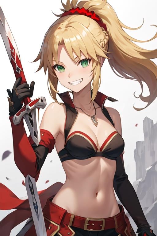 best quality, masterpiece, highres, solo, {mordred_fgo:1.15}, blonde_hair, long_hair, ponytail, green_eyes, braid, scrunchie, hair_ornament, red_scrunchie, bangs, hair_scrunchie, breasts, smile, small_breasts, 1girl, grin, looking_at_viewer, cleavage, collarbone, detached_sleeves, medium_breasts, floating_hair, holding, holding_sword, holding_weapon, navel, sword, weapon, bare_shoulders, red_sleeves