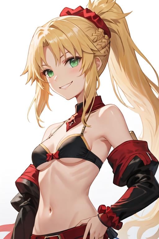 best quality, masterpiece, highres, solo, {mordred_fgo:1.15}, blonde_hair, long_hair, ponytail, green_eyes, braid, scrunchie, hair_ornament, red_scrunchie, bangs, hair_scrunchie, breasts, smile, small_breasts, 1girl, bare_shoulders, looking_at_viewer, french_braid, parted_bangs, detached_sleeves, sidelocks, white_background