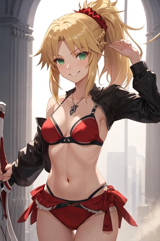 best quality, masterpiece, highres, solo, {mordred_fgo:1.15}, blonde_hair, long_hair, ponytail, green_eyes, braid, scrunchie, hair_ornament, red_scrunchie, bangs, hair_scrunchie, breasts, smile, small_breasts