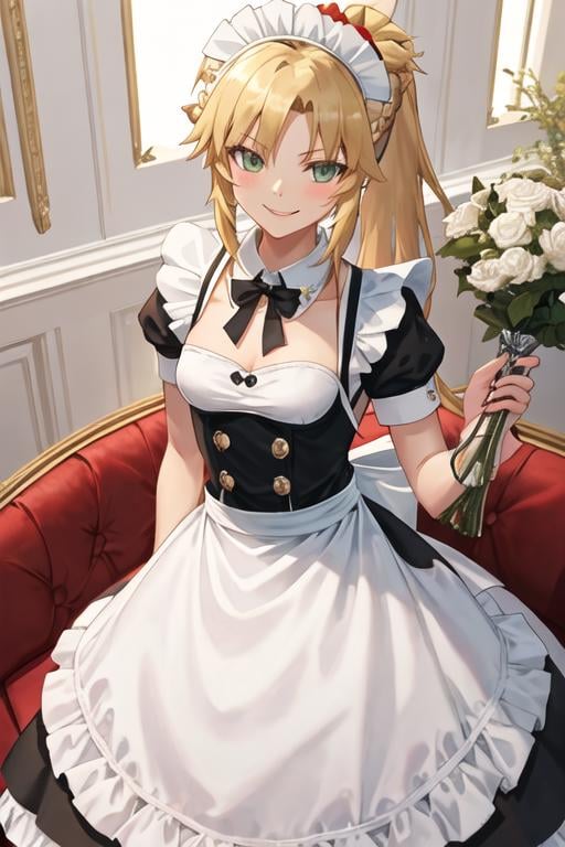 best quality, masterpiece, highres, solo, {maid:1.40}, {long maid dress:1.15}, {mordred_fgo:1.15}, blonde_hair, long_hair, ponytail, green_eyes, braid, scrunchie, hair_ornament, red_scrunchie, bangs, hair_scrunchie, breasts, smile, small_breasts