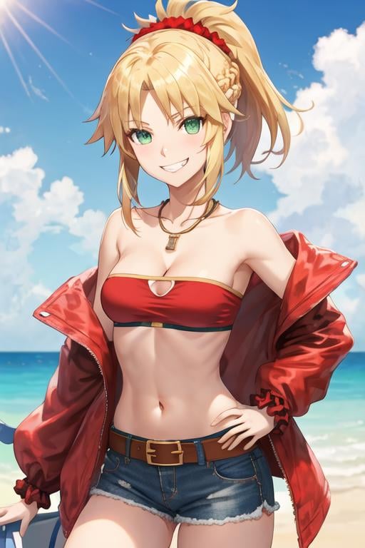 best quality, masterpiece, highres, solo, {mordred_fgo:1.15}, blonde_hair, long_hair, ponytail, green_eyes, braid, scrunchie, hair_ornament, red_scrunchie, bangs, hair_scrunchie, breasts, smile, small_breasts, 1girl, belt, jewelry, looking_at_viewer, midriff, navel, necklace, bandeau, denim, shorts, denim_shorts, bare_shoulders, collarbone, grin, jacket, red_jacket, cutoffs, short_shorts, cleavage, french_braid, hand_on_hip