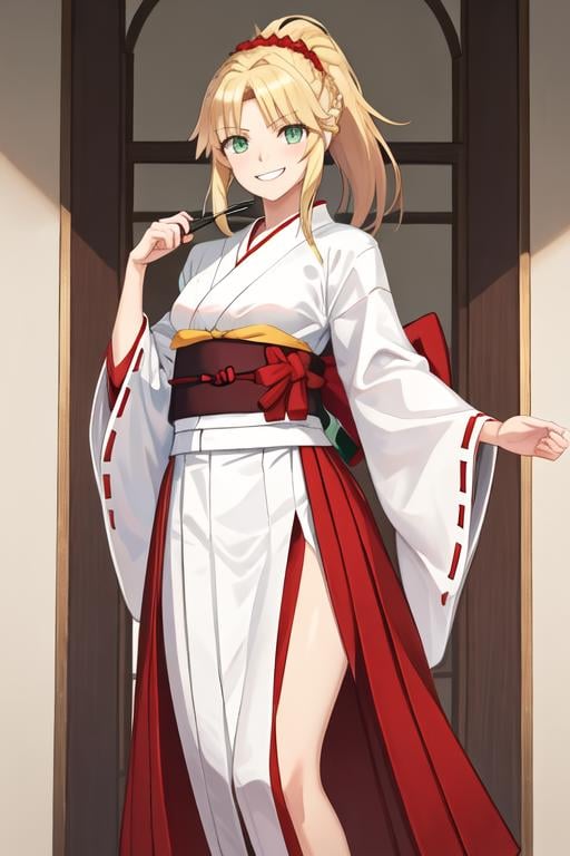 best quality, masterpiece, highres, solo, {white kimono:1.35}, {red hakama:1.35}, {wide sleeves:1.20}, {mordred_fgo:1.15}, blonde_hair, long_hair, ponytail, green_eyes, braid, scrunchie, hair_ornament, red_scrunchie, bangs, hair_scrunchie, breasts, smile, small_breasts