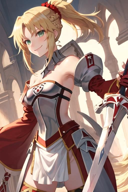 best quality, masterpiece, highres, solo, {mordred_fgo:1.15}, blonde_hair, long_hair, ponytail, green_eyes, braid, scrunchie, hair_ornament, red_scrunchie, bangs, hair_scrunchie, breasts, smile, small_breasts, 1girl, armor, looking_at_viewer, sword, gauntlets, weapon