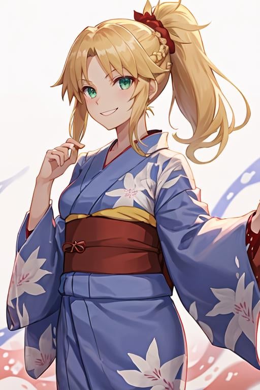 best quality, masterpiece, highres, solo, {yukata:1.40}, {kimono:1.20}, {mordred_fgo:1.15}, blonde_hair, long_hair, ponytail, green_eyes, braid, scrunchie, hair_ornament, red_scrunchie, bangs, hair_scrunchie, breasts, smile, small_breasts