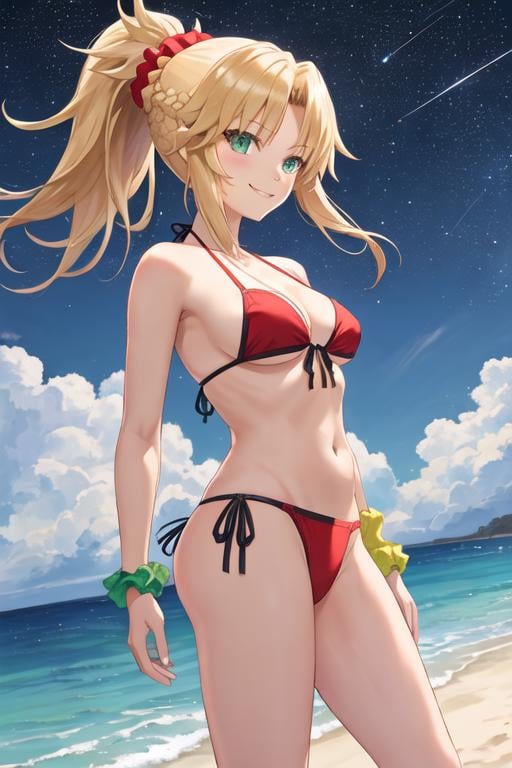 best quality, masterpiece, highres, solo, {night:1.10}, {starry sky:1.10}, beach, beautiful detailed sky, {extremely detailed background:1.20}, {mordred_fgo:1.15}, {standing:1.10}, looking at viewer, {bikini:1.30}, blonde_hair, long_hair, ponytail, green_eyes, braid, scrunchie, hair_ornament, red_scrunchie, bangs, hair_scrunchie, breasts, smile, small_breasts, light smile