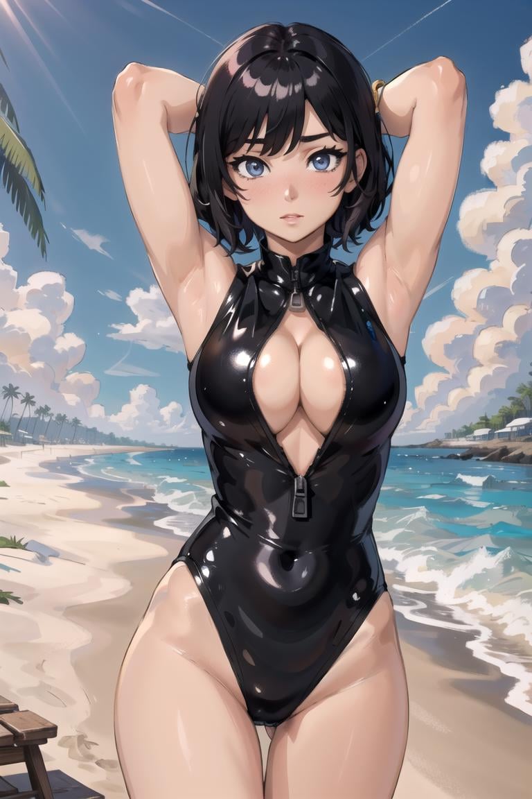 1girl, (masterpiece, best quality: 1.4, detailed),(detailed eyes),innerboob, cleavage,<lora:fr0ntz1p2-000009: 1>,black one-piece swimsuit,arms up, zipper pull tab, beach,