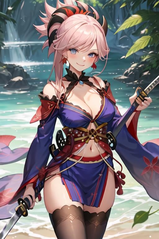 best quality, masterpiece, highres, solo, {miyamoto_musashi_fgo:1.15}, pink_hair, blue_eyes, breasts, ponytail, jewelry, earrings, long_hair, hair_ornament, bangs, large_breasts, smile, asymmetrical_hair, cleavage, blush, 1girl, blue_kimono, detached_sleeves, dual_wielding, holding, holding_sword, holding_weapon, japanese_clothes, katana, kimono, obi, sash, sheath, sword, weapon, wide_sleeves, black_thighhighs, looking_at_viewer, magatama, navel, navel_cutout, thighhighs, leaf_print, clothing_cutout, sleeveless_kimono