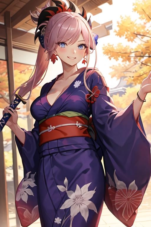 best quality, masterpiece, highres, solo, {yukata:1.40}, {kimono:1.20}, {miyamoto_musashi_fgo:1.15}, pink_hair, blue_eyes, breasts, ponytail, jewelry, earrings, long_hair, hair_ornament, bangs, large_breasts, smile, asymmetrical_hair, cleavage, blush