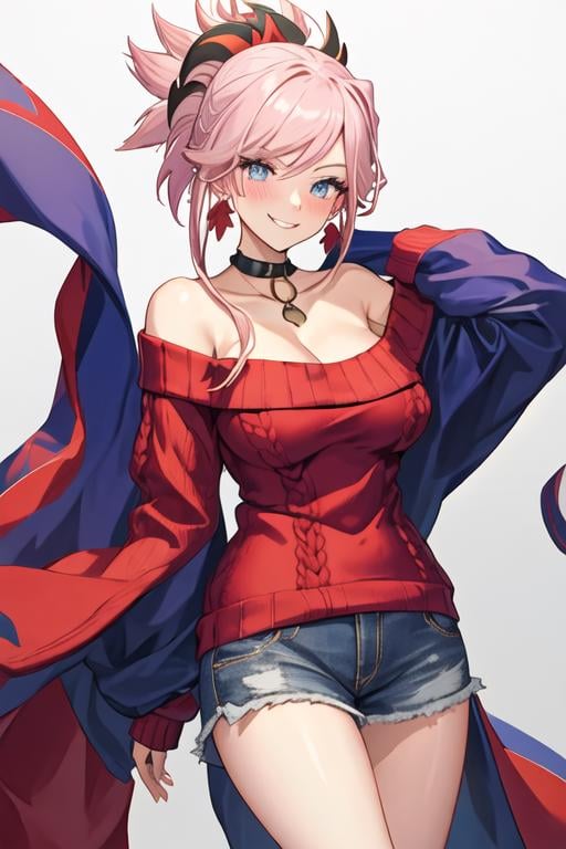 best quality, masterpiece, highres, solo, {miyamoto_musashi_fgo:1.15}, pink_hair, blue_eyes, breasts, ponytail, jewelry, earrings, long_hair, hair_ornament, bangs, large_breasts, smile, asymmetrical_hair, cleavage, blush, 1girl, looking_at_viewer, red_sweater, sweater, bare_shoulders, off-shoulder_sweater, off_shoulder, collarbone, simple_background, long_sleeves