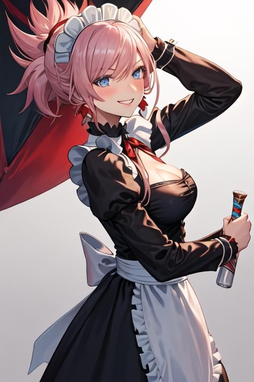 best quality, masterpiece, highres, solo, {maid:1.40}, {long maid dress:1.15}, {miyamoto_musashi_fgo:1.15}, pink_hair, blue_eyes, breasts, ponytail, jewelry, earrings, long_hair, hair_ornament, bangs, large_breasts, smile, asymmetrical_hair, cleavage, blush