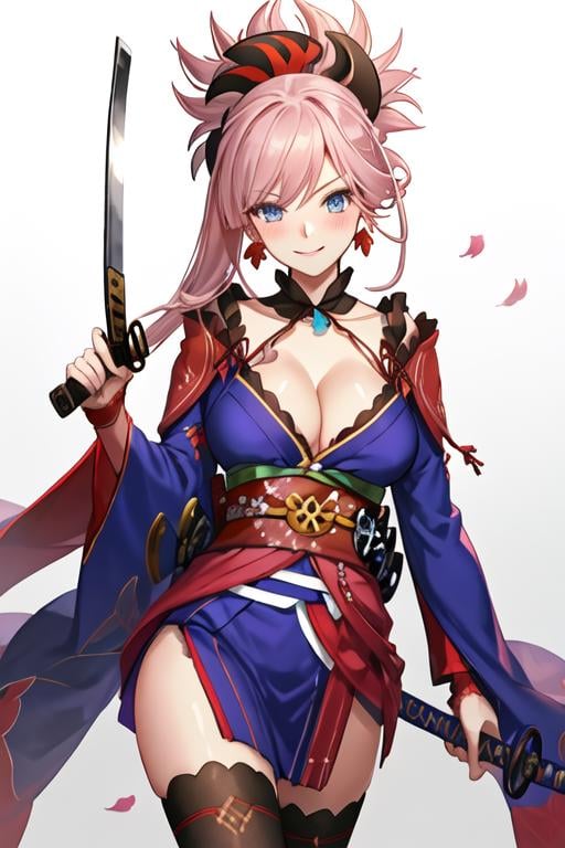 best quality, masterpiece, highres, solo, {miyamoto_musashi_fgo:1.15}, pink_hair, blue_eyes, breasts, ponytail, jewelry, earrings, long_hair, hair_ornament, bangs, large_breasts, smile, asymmetrical_hair, cleavage, blush, 1girl, holding, holding_sword, holding_weapon, japanese_clothes, katana, kimono, looking_at_viewer, sword, weapon, detached_sleeves, magatama, dual_wielding, blue_kimono, thighhighs