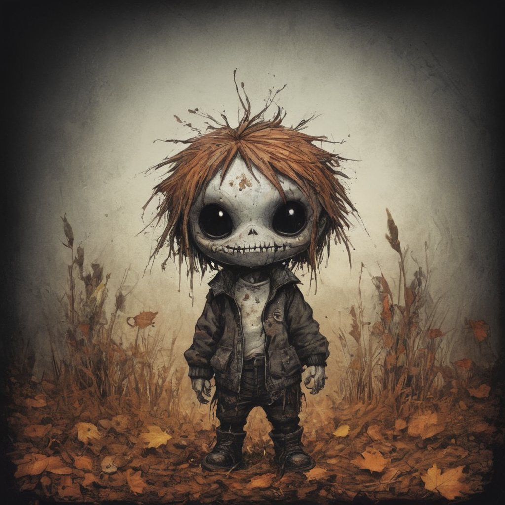 monster,  creepy,  style of Skottie Young,  masterpiece,  best quality,  grunge clothing,  meadow,  autumn,  high contrast